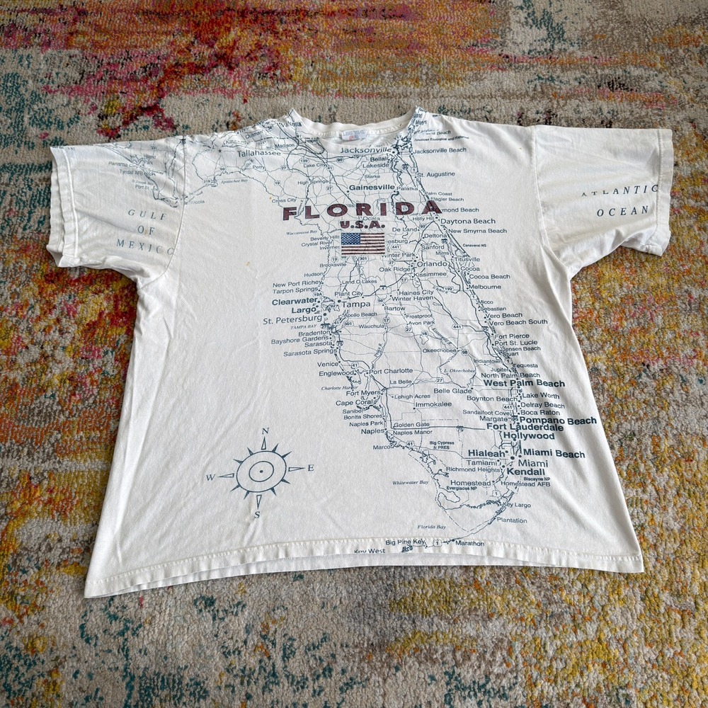 Vintage 90s Florida State Map All Over Print T Shirt White Graphic Tee 2XL